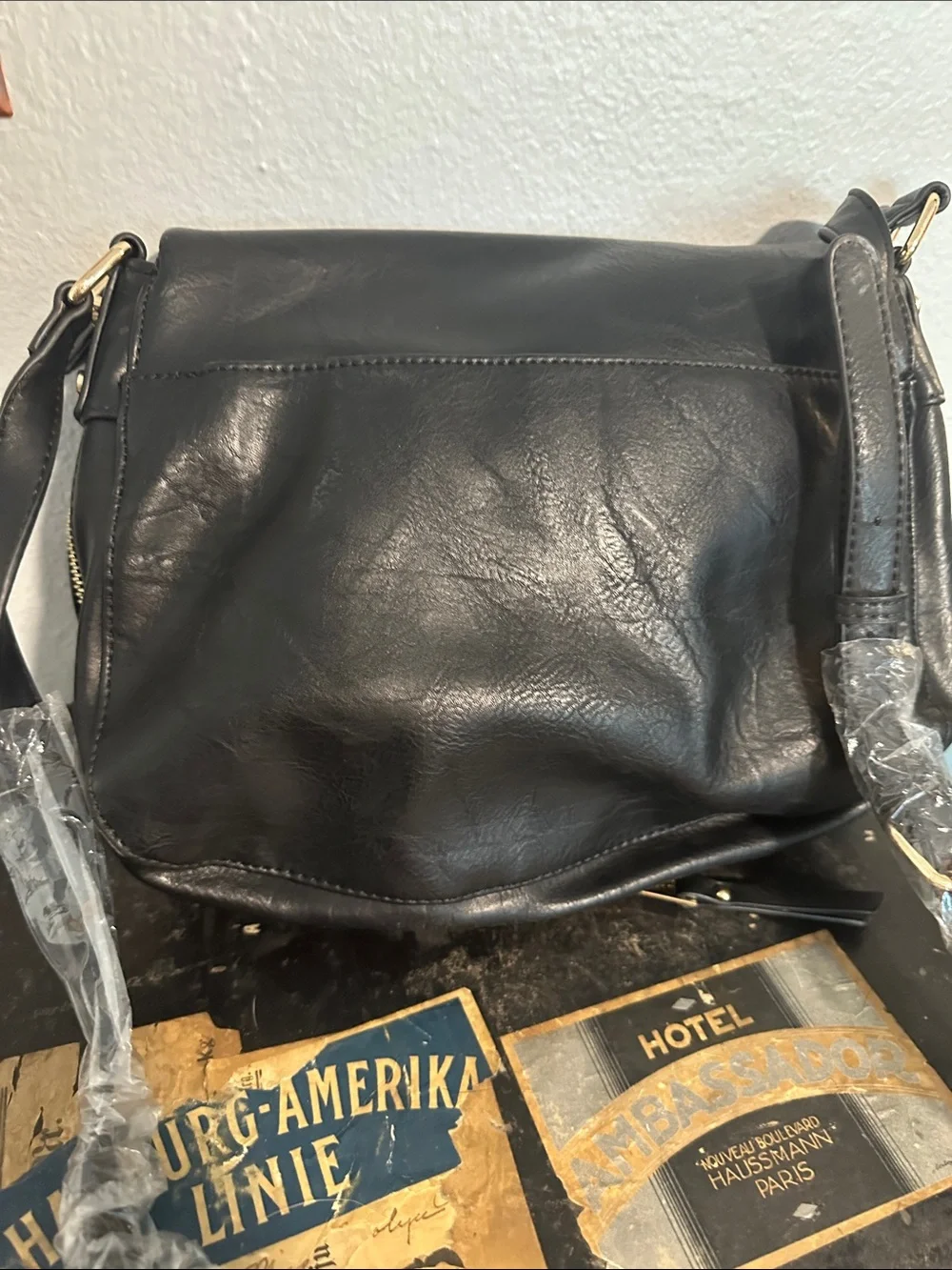 Miztique Black Leather Crossbody Bag with Gold Hardware